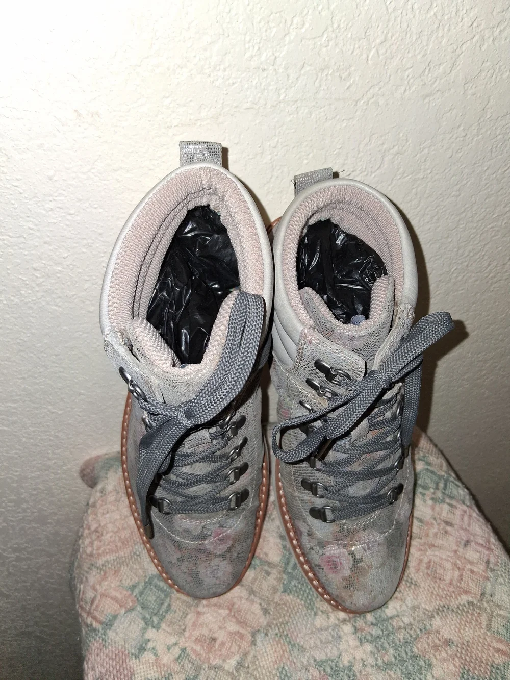 Bionica Grey Floral Lace-Up Ankle Boots